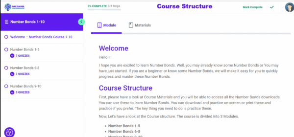 Number Bonds 1-10 Course Structure