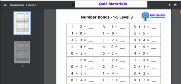 Number Bonds 1-10 Quiz Materials