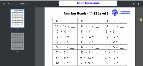 Number Bonds 11-20 Quiz Materials