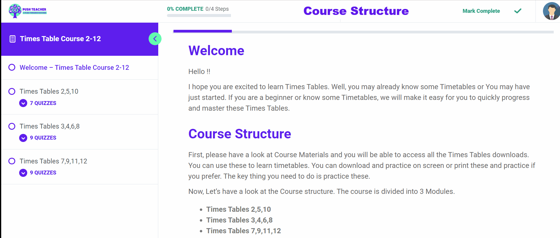 Times Table 2-12 Course Structure