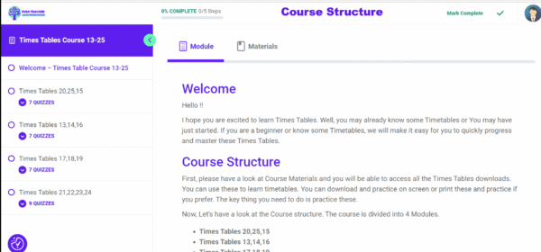 times tables 13-25 Course Structure