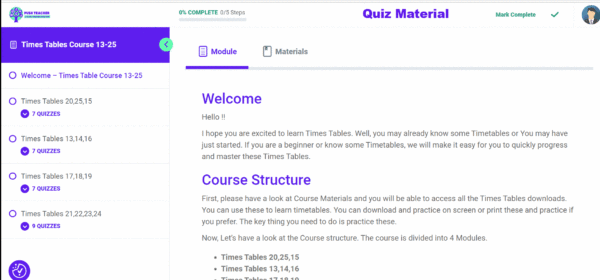 times tables 13-25 Quiz Material